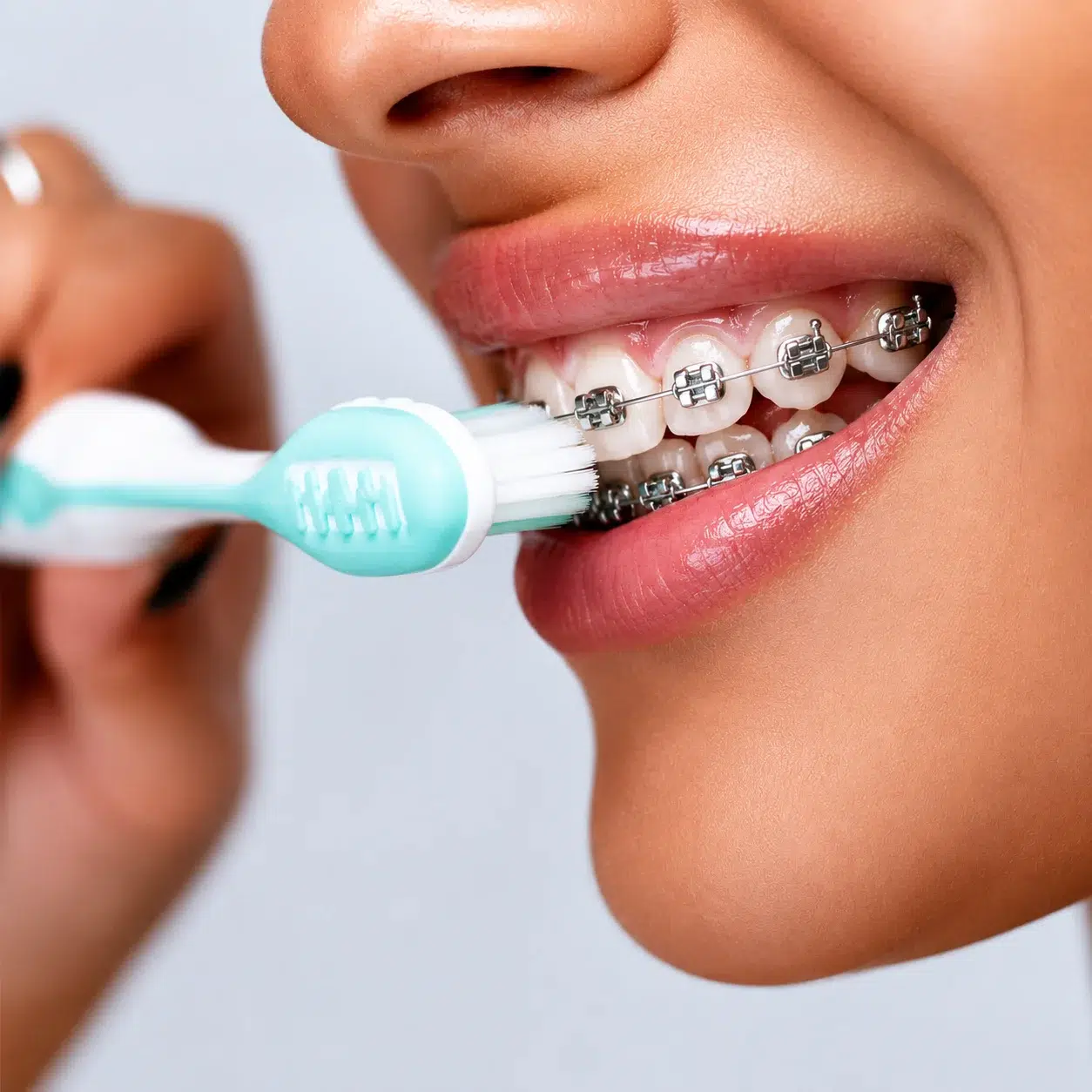 Gros plan sur une personne souriante en train de se brosser les dents avec un appareil dentaire, à l'aide d'une brosse à dents Univers Cosmetix aux poils bleus et blancs. L'image se concentre sur la bouche, les dents et l'appareil dentaire. Dakar