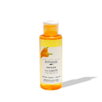 Un flacon transparent de « Huile de Soin Sublimatrice Argan » de Byphasse, d'une contenance de 100 ml, muni d'un bouchon orange, contenant de l'huile d'argan et comportant une mention soulignant ses bienfaits hydratants, illuminateurs et adoucissants pour le visage, le corps et les cheveux. Dakar