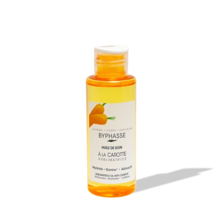 Un flacon transparent de « Huile de Soin Sublimatrice Argan » de Byphasse, d'une contenance de 100 ml, muni d'un bouchon orange, contenant de l'huile d'argan et comportant une mention soulignant ses bienfaits hydratants, illuminateurs et adoucissants pour le visage, le corps et les cheveux. Dakar
