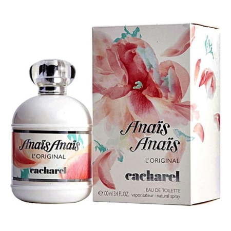 Un flacon de 50 ml d'eau de toilette « Cacharel Anaïs Anaïs L'Original » pour femme est présenté à côté de son coffret floral ; tous deux arborent une écriture élégante et des motifs floraux rose pâle. Le flacon blanc est muni d'un bouchon rond transparent. Dakar