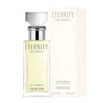 Un flacon de 100 ml d'Eau de Parfum Femme Calvin Klein Eternity trône devant son coffret de couleur crème, tous deux ornés d'un lettrage minimaliste noir et argenté. Le flacon contient un parfum jaune pâle. Dakar