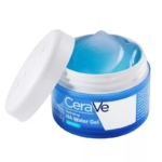 Un pot ouvert de CERAVE Aqua Gel Hydratant à l'acide hyaluronique (48 g), muni d'un couvercle blanc, laisse entrevoir le gel bleu qu'il contient. Ce produit est présenté comme léger et non gras. Dakar