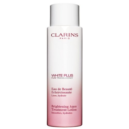 Un flacon blanc et rose de « Clarins White Plus Pure Translucidité Eau de Beauté Éclaircissant Soin Éclat » de Clarins, 200 ml, sur lequel figurent les informations sur le produit en lettres rouges et grises sur le devant. Dakar