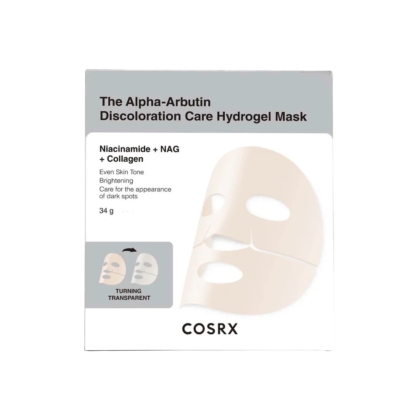 Boîte du masque hydrogel anti-taches COSRX Alpha-Arbutin, sur laquelle figurent, au recto, l'image d'un masque en tissu semi-transparent, le nom du produit et la liste des principaux ingrédients. Dakar