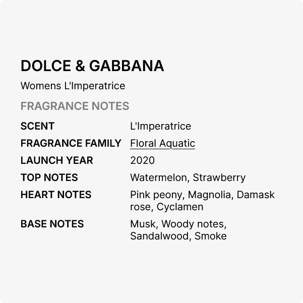Une fiche descriptive du parfum L'Imperatrice de Dolce & Gabbana pour femme, indiquant les notes olfactives, l'année de lancement (2020), le type de parfum, ainsi que les notes de tête, de cœur et de fond, notamment la pastèque, la pivoine et le bois de santal. Dakar