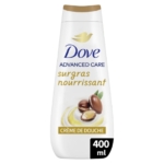 Une bouteille de 400 ml de « Dove Advanced Care Crème de Douche Surgras Nourrissant à l'huile d'argan » présente un texte en français sur l'étiquette, rehaussé d'élégantes nuances dorées, blanches et marron, ainsi qu'une illustration représentant des noix de karité et de la crème. Dakar