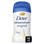Un déodorant en stick Dove Advanced Care Original 72H Anti-Transpirant de 50 ml, avec un corps blanc, un bouchon bleu, un logo doré et bleu, et une étiquette « 72h » indiquant une protection de 72 heures. Dakar