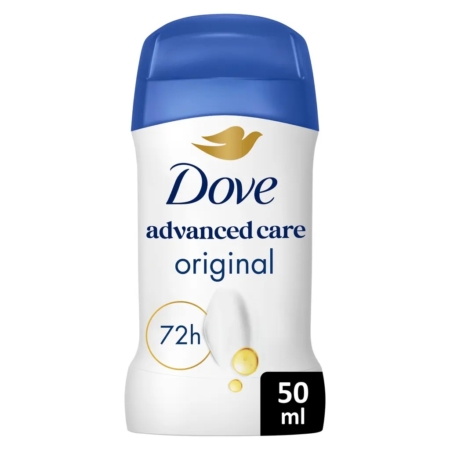 Un déodorant en stick Dove Advanced Care Original 72H Anti-Transpirant de 50 ml, avec un corps blanc, un bouchon bleu, un logo doré et bleu, et une étiquette « 72h » indiquant une protection de 72 heures. Dakar