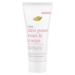 Un tube blanc de déodorant Dove dont l'étiquette, rédigée en français, précise qu'il est sans alcool, adapté à tout le corps, parfumé à la framboise et à la rose, et convient aux peaux sensibles. Dakar