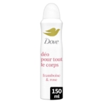 Le déodorant en spray Dove « Tout le Corps » Framboise et Rose 72H 150 ml se présente dans un flacon blanc orné d'un logo Dove doré, d'un texte en rose en français et de la mention « 150 ml » inscrite dans un encadré noir. Imprégné d'un parfum de framboise et de rose, ce spray pour le corps procure une fraîcheur durable grâce à son parfum floral-fruité délicat. Dakar
