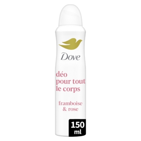 Le déodorant en spray Dove « Tout le Corps » Framboise et Rose 72H 150 ml se présente dans un flacon blanc orné d'un logo Dove doré, d'un texte en rose en français et de la mention « 150 ml » inscrite dans un encadré noir. Imprégné d'un parfum de framboise et de rose, ce spray pour le corps procure une fraîcheur durable grâce à son parfum floral-fruité délicat. Dakar