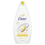 Une bouteille blanche de gel douche Dove Douceur Gourmand 0 % de sulfates, d'une contenance de 400 ml, arbore un logo Dove doré, une étiquette jaune portant la mention « gourmand » sur le devant et mettant en avant la mention « 0 % de sulfates ». L'étiquette présente également un tourbillon crémeux à côté d'une tranche de mangue. Dakar