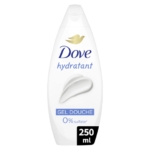 Une bouteille blanche de 250 ml de gel douche hydratant ultra-doux Dove comporte, sur son étiquette, le mot « hydratant », un logo représentant une colombe dorée avec un texte en bleu, la mention bien visible « 0 % de sulfates » et l'image d'un tourbillon de crème blanche sur le devant. Dakar