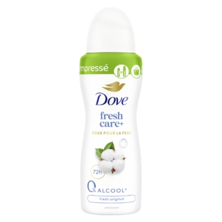 Le déodorant en spray compressé Dove Zinc Protect Original, sans alcool (0 %), offre une protection anti-odeurs. Il est présenté dans un flacon blanc de 100 ml comportant des inscriptions en français et en anglais, dont le style d'emballage est similaire à celui des autres déodorants en spray compressés Dove. Dakar