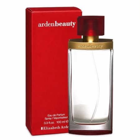 Un flacon en verre transparent d'« Arden Beauty » d'Elizabeth Arden, eau de parfum pour femme de 100 ml, surmonté d'un bouchon rouge éclatant, trône à côté de son coffret assorti rouge et or portant la mention « ardenbeauty » d'Elizabeth Arden. Le flacon contient 100 ml d'eau de parfum en vaporisateur. Dakar