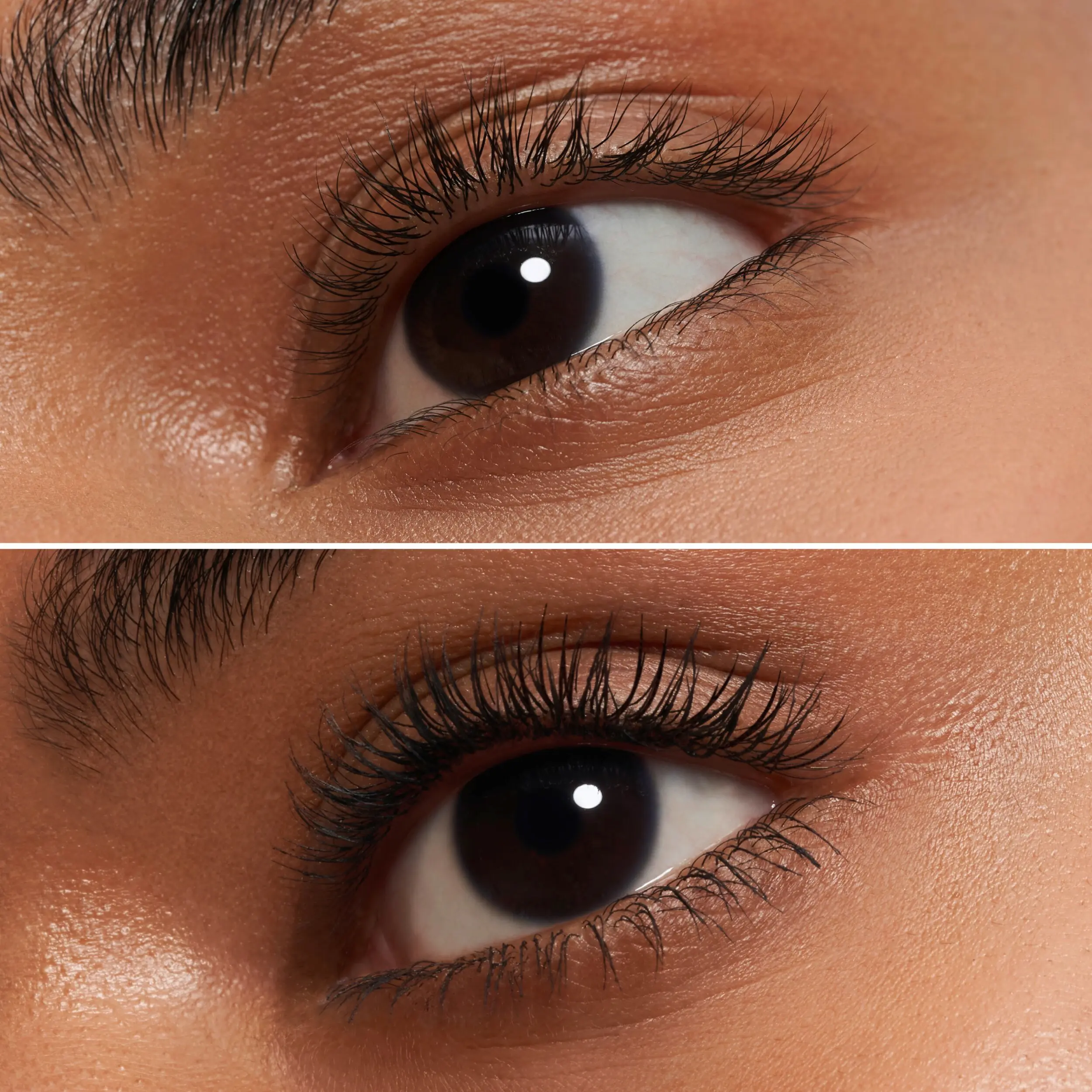Deux images montrent un gros plan de l'œil d'une personne. L'image du haut présente des cils naturels, tandis que celle du bas révèle des cils plus longs et mieux définis, mettant en valeur le regard saisissant et sublimé obtenu grâce au mascara Essence Lash Without Limits Waterproof 03 Black Allongeant et Volumisant 13 ml (Copie). Dakar