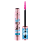 Un tube rose de mascara Essence Lash Without Limits Waterproof 03 Black Allongeant et Volumisant de 13 ml, orné d'inscriptions bleues et noires, est présenté à côté de sa brosse aux poils roses, près du flacon ouvert. Dakar