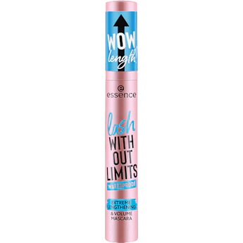 Un tube rose de mascara Essence Lash Without Limits Waterproof 03 Black Allongeant et Volumisant de 13 ml, orné d'inscriptions bleues et noires, d'un motif en forme de flèche et de la mention « WOW length ! » imprimée sur le bouchon. Dakar