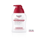 Le gel d'hygiène intime Eucerin Intim Protect pour peaux sensibles, format 250 ml, est présenté dans un flacon blanc muni d'une pompe rouge. L'étiquette en français met en avant l'acide lactique et le bisabolol, avec une bande rouge vif qui souligne ces ingrédients clés. Dakar