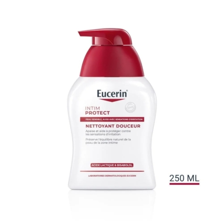 Le gel d'hygiène intime Eucerin Intim Protect pour peaux sensibles, format 250 ml, est présenté dans un flacon blanc muni d'une pompe rouge. L'étiquette en français met en avant l'acide lactique et le bisabolol, avec une bande rouge vif qui souligne ces ingrédients clés. Dakar