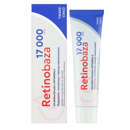 La crème Farmapol Retinobaza 17000 anti-taches et anti-âge à la vitamine A, en tube de 30 g, est présentée dans un tube et une boîte blancs et bleus, avec des inscriptions rouges et bleues et un étiquetage en polonais. Elle est conçue pour lisser et revitaliser la peau. Dakar