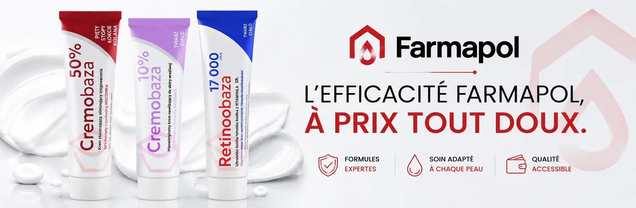 Trois tubes de crème Farmapol (Cremoba 50 %, Cremoba 10 %, Retinooba 1000) sont présentés debout sur un fond blanc, accompagnés à côté d'informations sur les produits et de la promesse de la marque Univers Cosmetix en français. Dakar
