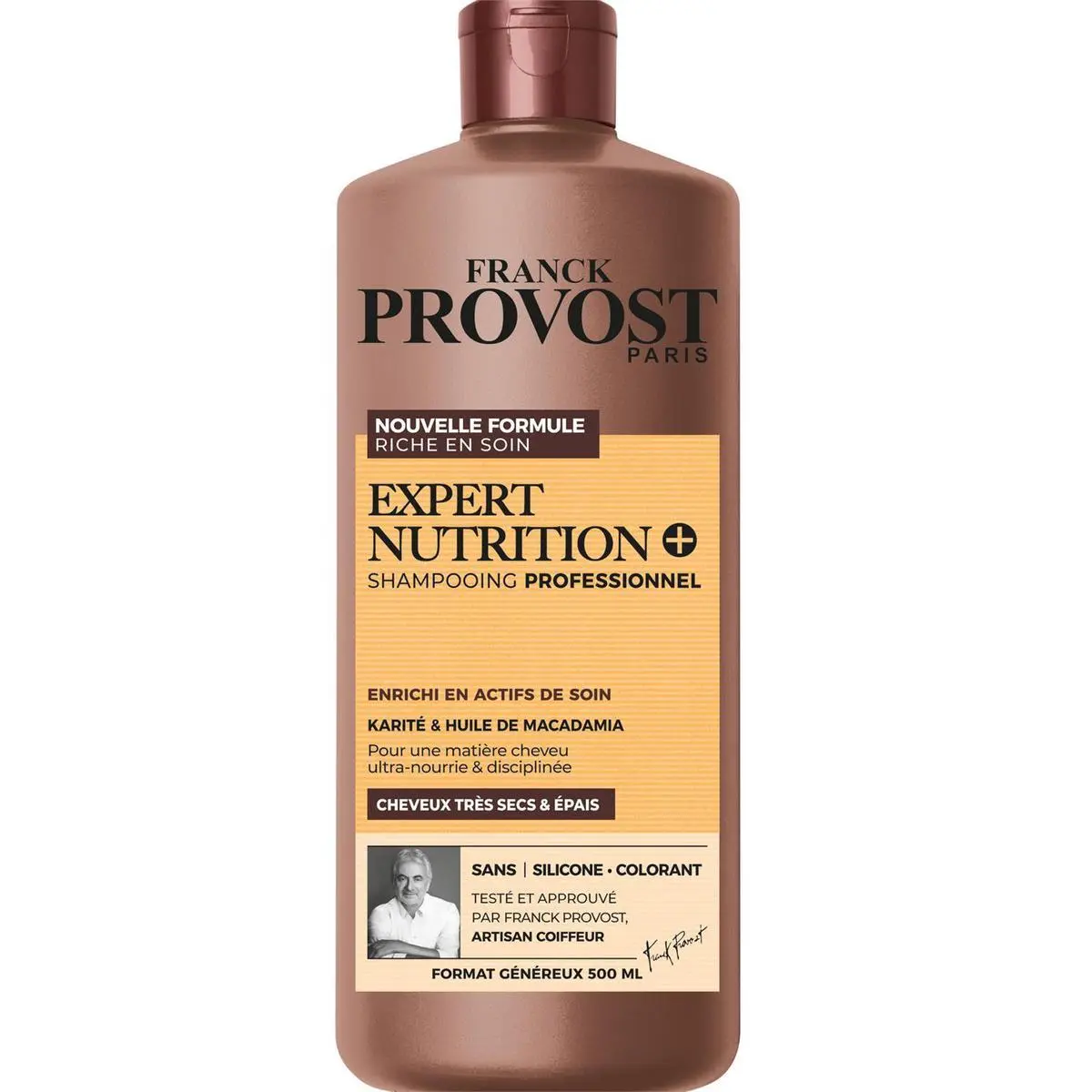 Un flacon de 500 ml de « Franck Provost Expert Nutrition Shampoing Cheveux Très Secs Épais », conçu pour les cheveux très secs et épais et enrichi en beurre de karité et en huile de macadamia. Le produit se présente dans un flacon marron rehaussé de touches dorées et noires, dont l'étiquette est rédigée en français et en anglais. Dakar