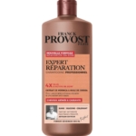 Un flacon de shampoing Franck Provost Paris Expert Réparation pour cheveux abîmés et cassants, à base d'huile de moringa et d'huile de jojoba, présenté dans un emballage marron avec un texte en français de couleur orange et blanche. Dakar