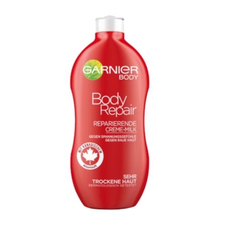 Un flacon rouge de « Garnier Body Repair Lait Corps Réparateur Peaux Très Sèches et Rugueuses » de 400 ml, conçu pour les peaux très sèches et rugueuses, muni d'un bouchon blanc et comportant un texte en allemand mettant en avant ses propriétés réparatrices intensives. Dakar
