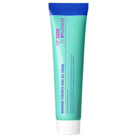 Un tube bleu et turquoise de « Good Molecules Gel Crème Anti-Imperfections à 2 % d'acide salicylique », 30 ml, accompagné d'un texte décrivant le produit et ses caractéristiques. Dakar