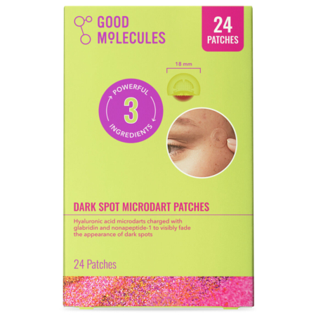 Les patchs anti-taches localisés à micro-pointes « Good Molecules » (24 patchs), présentés dans un emballage aux couleurs vives vert et rose, comportent une image en gros plan d'un patch à micro-pointes appliqué sur la joue, avec une mise en avant des ingrédients clés et des détails sur le produit. Dakar