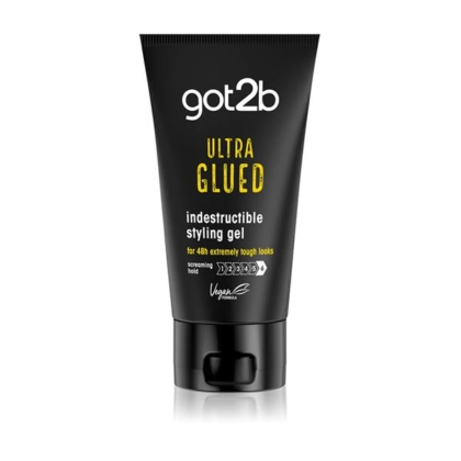 Un tube noir de Got2b Ultra Glued Gel Coiffant Fixation Extrême de 150 ml, conçu pour une tenue extrême et des coiffures audacieuses, est présenté debout sur un fond blanc. Dakar