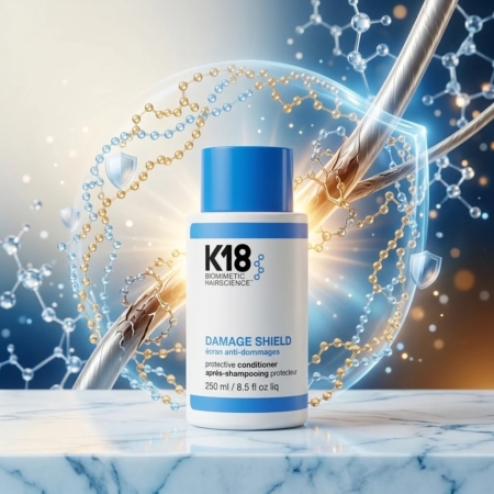 Un flacon de K18 Damage Shield Protective Conditioner, après-shampoing nourrissant en profondeur pour usage quotidien (250 ml), repose sur une surface en marbre, avec en arrière-plan des mèches de cheveux stylisées et des molécules, soulignant ainsi la protection capillaire de pointe qu'il offre. Dakar