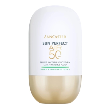 Le flacon de 40 ml de la crème solaire « Lancaster Sun Perfect Air Fluide Invisible Quotidien SPF50 Pores et Imperfections », conçu pour un usage quotidien et formulé pour traiter les pores et les imperfections, présente une partie supérieure blanche et une partie inférieure dorée. Dakar