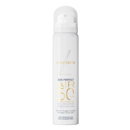 Une bombe aérosol blanche de 75 ml de « Lancaster Sun Perfect Air Spray Invisible Haute Protection SPF 50 Visage », ornée d'inscriptions dorées et noires et surmontée d'un bouchon translucide. Dakar