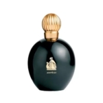 Un flacon de parfum noir de forme ovale, muni d'un bouchon doré cannelé et orné d'une illustration dorée sur laquelle figure le mot « ARPÈGE ». Dakar