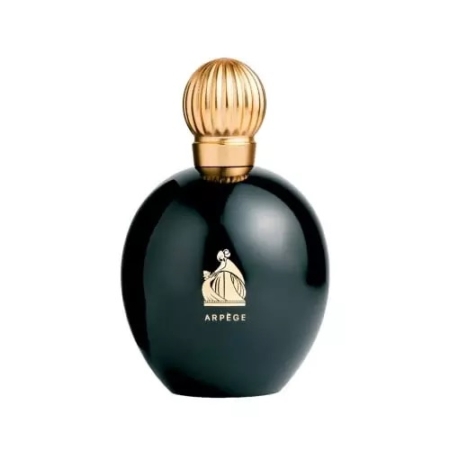 Un flacon de parfum noir de forme ovale, muni d'un bouchon doré cannelé et orné d'une illustration dorée sur laquelle figure le mot « ARPÈGE ». Dakar