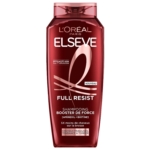 Un flacon rouge de shampoing Elseve Full Resist de L’Oréal Paris, à base d’aminexil et de biotine, conçu pour les cheveux fragiles et sujets à la chute, avec un texte blanc et doré sur le devant. Dakar