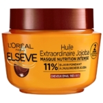 Un pot orange de masque capillaire « Elseve Extraordinary Jojoba Oil » de L'Oréal Paris, destiné aux cheveux épais et très secs, contenant 11 % d'un élixir riche en huile de jojoba. Dakar