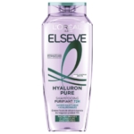 Un flacon transparent de 250 ml de shampoing « L'Oréal Paris Elseve Hyaluron Pure Shampoing Purifiant 72H », muni d'un bouchon violet et présentant, sur l'étiquette avant, un texte et des éléments graphiques verts et noirs. Dakar
