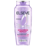 Un flacon transparent de shampoing Elseve Hyaluron Repulp de L'Oréal Paris, orné d'inscriptions violettes et roses, conçu pour réhydrater les cheveux pendant 72 heures, à base d'acide hyaluronique pour les cheveux secs et fatigués. Dakar