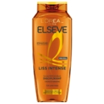 Un flacon de shampoing L'Oréal Paris Elseve Liss Intense pour cheveux secs et difficiles à lisser, à base d'huile d'argan et offrant une protection anti-frisottis pendant 72 heures, sur fond orange. Dakar