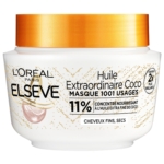 Un pot blanc et doré contenant le masque capillaire « Huile Extraordinaire Coco » de la gamme Elseve de L'Oréal Paris, sur lequel figurent des informations concernant l'huile de coco, un concentré nourrissant à 11 % et les bienfaits pour les cheveux fins et secs. Dakar