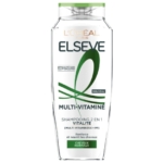 Un flacon de shampoing 2-en-1 Elseve Multi-Vitamine de L'Oréal Paris pour cheveux normaux, présenté comme un produit fortifiant et nourrissant. L'emballage est blanc, rehaussé de touches de vert et d'or. Dakar