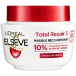 Pot blanc contenant le masque capillaire Elseve Total Repair 5 de L'Oréal Paris, orné de touches rouges et dorées, destiné aux cheveux très abîmés et enrichi en kératine et en céramides. Dakar