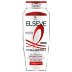 Flacon de shampoing L'Oréal Paris Elseve Total Repair 5, au design rouge et blanc, présentant les caractéristiques du produit et ses promesses en matière de réparation des cheveux abîmés. Dakar
