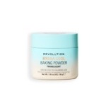 Un pot bleu clair et beige portant la mention « Revolution Hydra Cool Baking Powder Translucent », à base d'acide hyaluronique et offrant un effet rafraîchissant, contenant 1,05 oz (30 g) de produit. Le récipient présente un design simple et épuré. Dakar