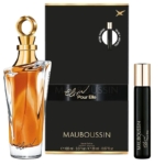 Un coffret de parfum « Elixir Pour Elle » de Mauboussin, comprenant un flacon en verre rehaussé de touches dorées, un vaporisateur de voyage noir et doré, ainsi qu'un coffret noir sur lequel figurent les informations relatives à la marque et au produit. Dakar