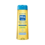 Un flacon de 300 ml de shampoing Mixa Bébé Très Doux, de couleur jaune avec un bouchon et une étiquette bleus, conçu pour les bébés et une utilisation fréquente, comportant des mentions en français. Dakar