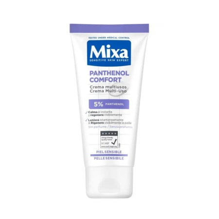 La « Mixa Crème Multi-Usages au Panthénol Confort Peaux Sensibles 50 ml » se présente sous la forme d'un tube blanc destiné aux peaux sensibles, orné d'inscriptions bleues et violettes. Il s'agit d'une crème polyvalente contenant 5 % de panthénol, conçue pour apporter un apaisement et une régénération immédiats. Dakar